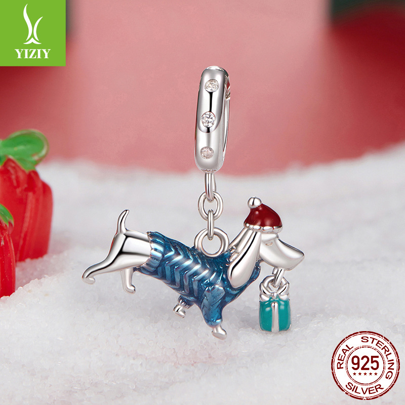 V888-ELOSUNG11384-209341-00 Sterling Silver Dachshund Charm - Festive Christmas Pendant with Colorful Accents(weighs approximately 2.2g) - Image 1