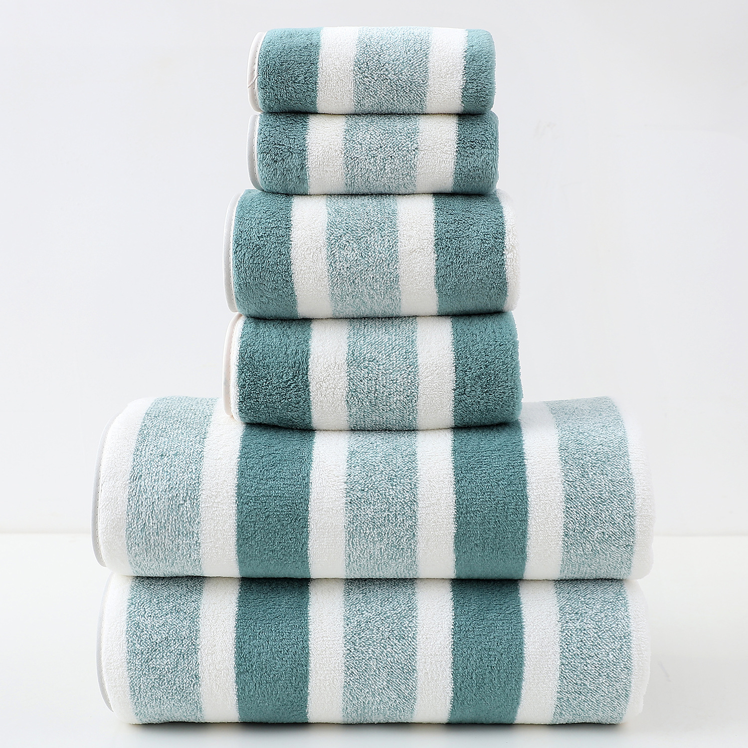 V888-ELOSUNG11388-209299-00 Luxury Cotton Green Wide Stripe Towel Set - 6 Piece Set (2 Hand Towels, 2 Bath Towels, 2 Washcloths), Ultra Soft and Absorbent - Image 1