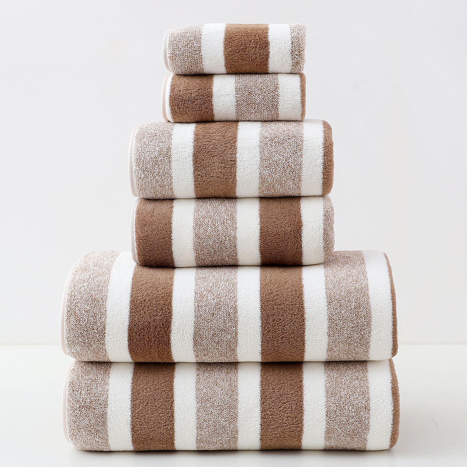 V888-ELOSUNG11389-209360-00 Luxury Cotton Brown Wide Stripe Towel Set - 6 Piece Set (2 Hand Towels, 2 Bath Towels, 2 Washcloths), Ultra Soft and Absorbent - Image 1