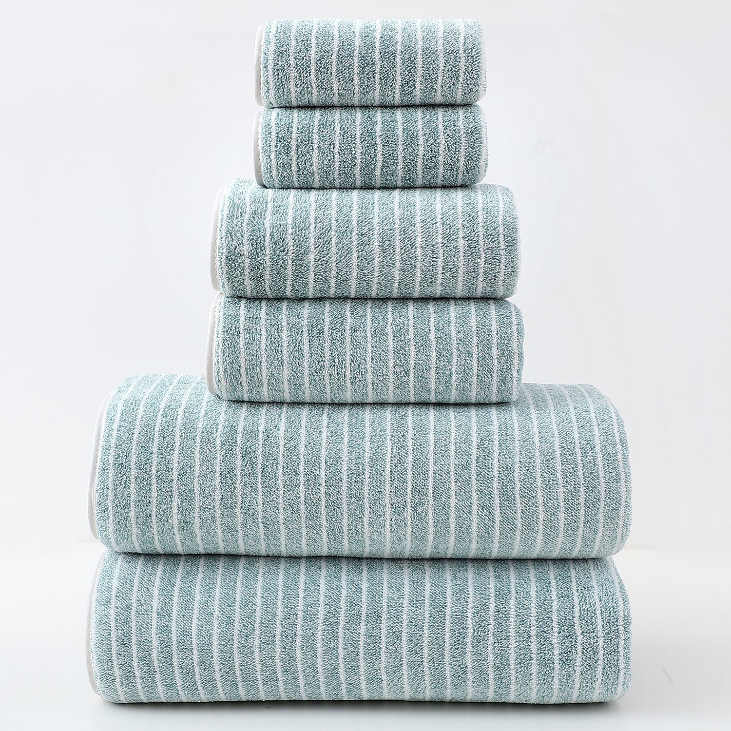 V888-ELOSUNG11390-209361-00 Luxury Cotton Striped Towel Set - 6 Piece Set (2 Hand Towels, 2 Bath Towels, 2 Washcloths), Ultra Soft and Absorbent (Green) - Image 1