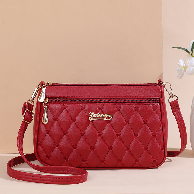 V888-ELOSUNG11551-209469-00 Red PU Leather Quilted Crossbody Bag for Women - Compact Multi-Compartment Shoulder Purse - Image 1