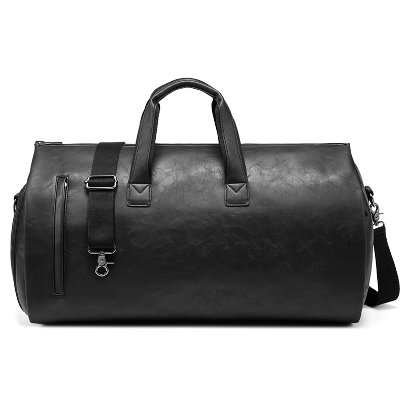 V888-ELOSUNG11568-209525-00 Black PU Leather Travel Duffel Bag - Large Capacity Waterproof Suit Bag with Shoe Compartment - Image 1