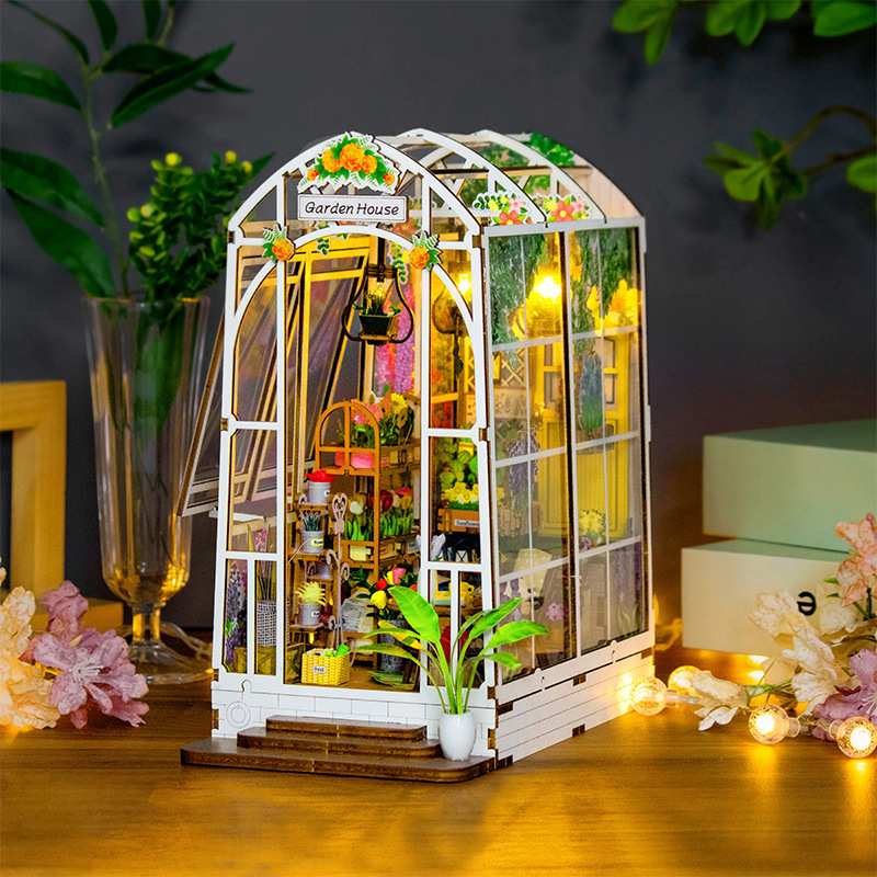 V888-ELOSUNG11574-209531-00 Dollhouse Miniature DIY Greenhouse Kit - Garden House with LED Lights - Image 1