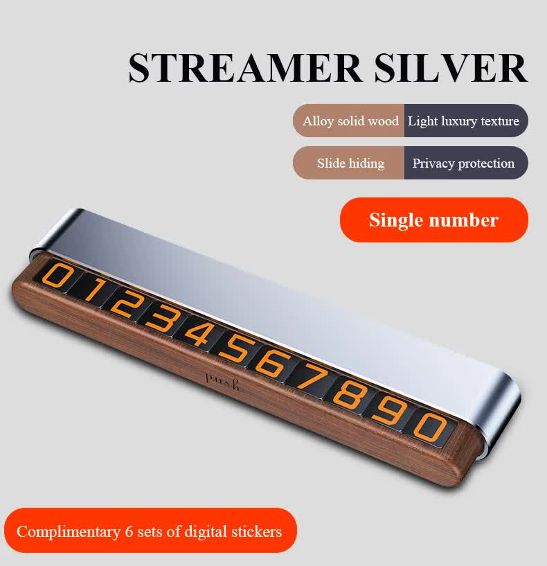 V888-ELOSUNG11668-209657-00 Silver Premium Alloy and Wood Temporary Parking Card - Sliding Design for Privacy, Includes 6 Number Sets - Image 1