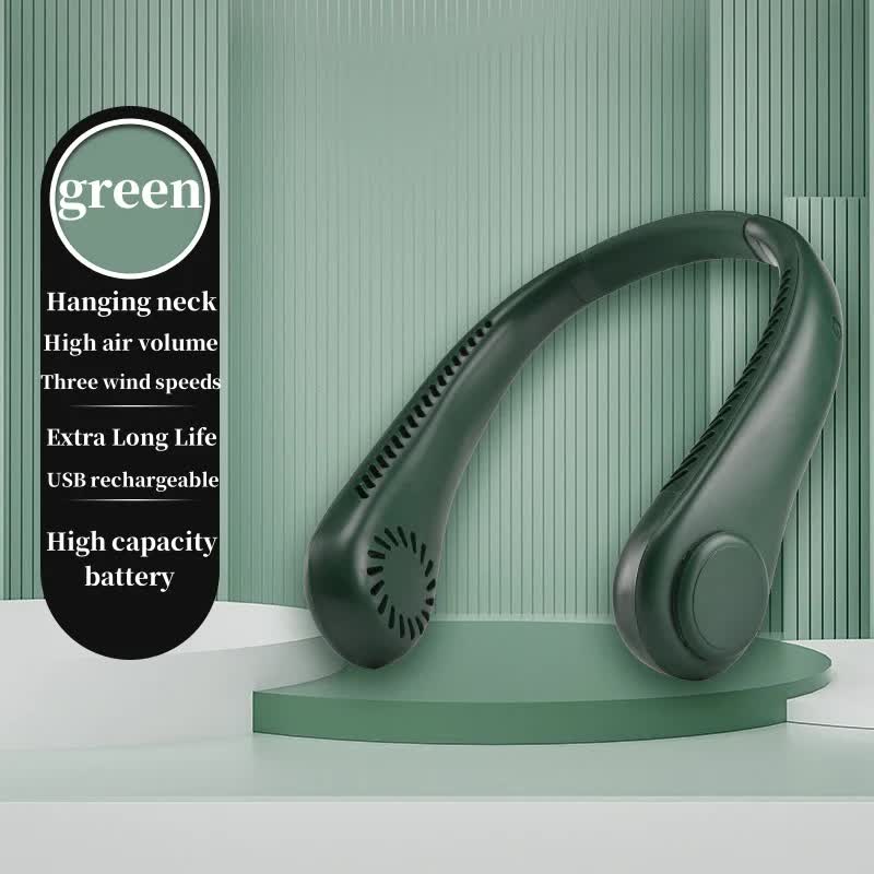 V888-ELOSUNG11738-209827-00 2PCS Green Leafless Hanging Neck Fan - Rechargeable Portable Hands-Free Cooling Fan with 3 Speeds - Image 1