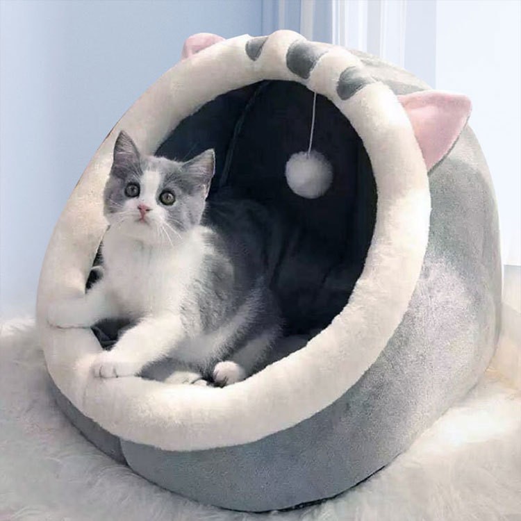 V888-ELOSUNG11795-209950-00 Gray Half-Enclosed Cat Bed - Soft Short Velvet Fabric with Sponge + PP Cotton Filling, M Size (35x35x30cm) - Image 1