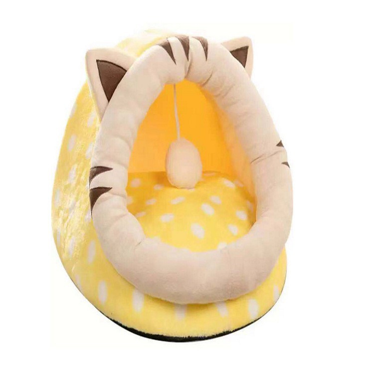 V888-ELOSUNG11801-209956-00 Yellow Half-Enclosed Cat Bed - Soft Short Velvet Fabric with Sponge + PP Cotton Filling, M Size (35x35x30cm) - Image 1