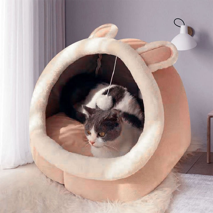 V888-ELOSUNG11802-209908-00 Pink Half-Enclosed Cat Bed - Soft Short Velvet Fabric with Sponge + PP Cotton Filling, S Size (28x28x30cm) - Image 1
