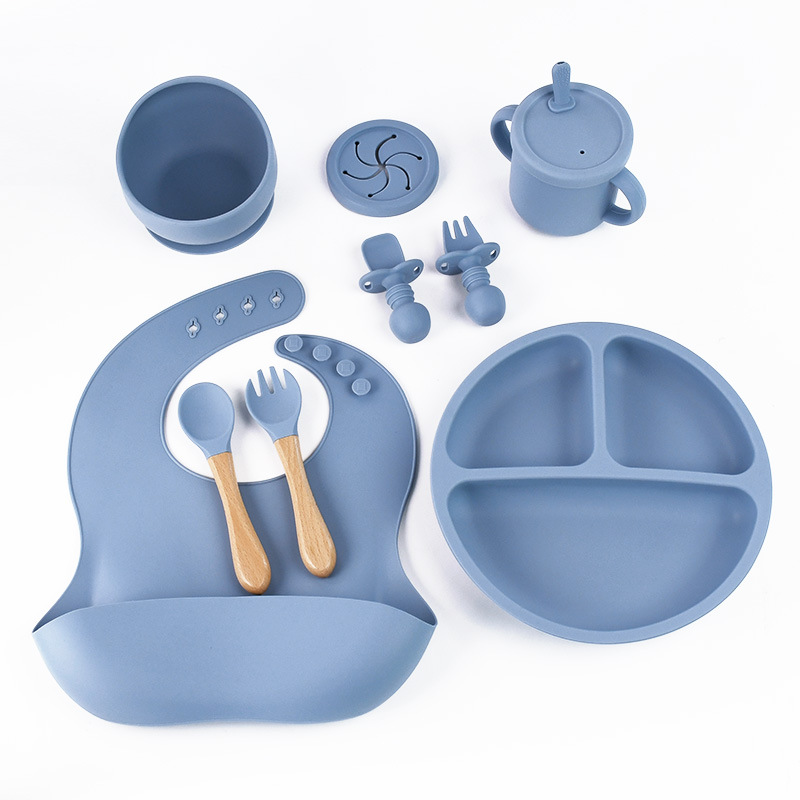 V888-ELOSUNG11932-210735-00 Blue 8-Piece Silicone Children's Tableware Set - BPA-Free Baby Feeding Utensils with Wooden Fork and Spoon, Cup, Bowl, and Bibs - Image 1