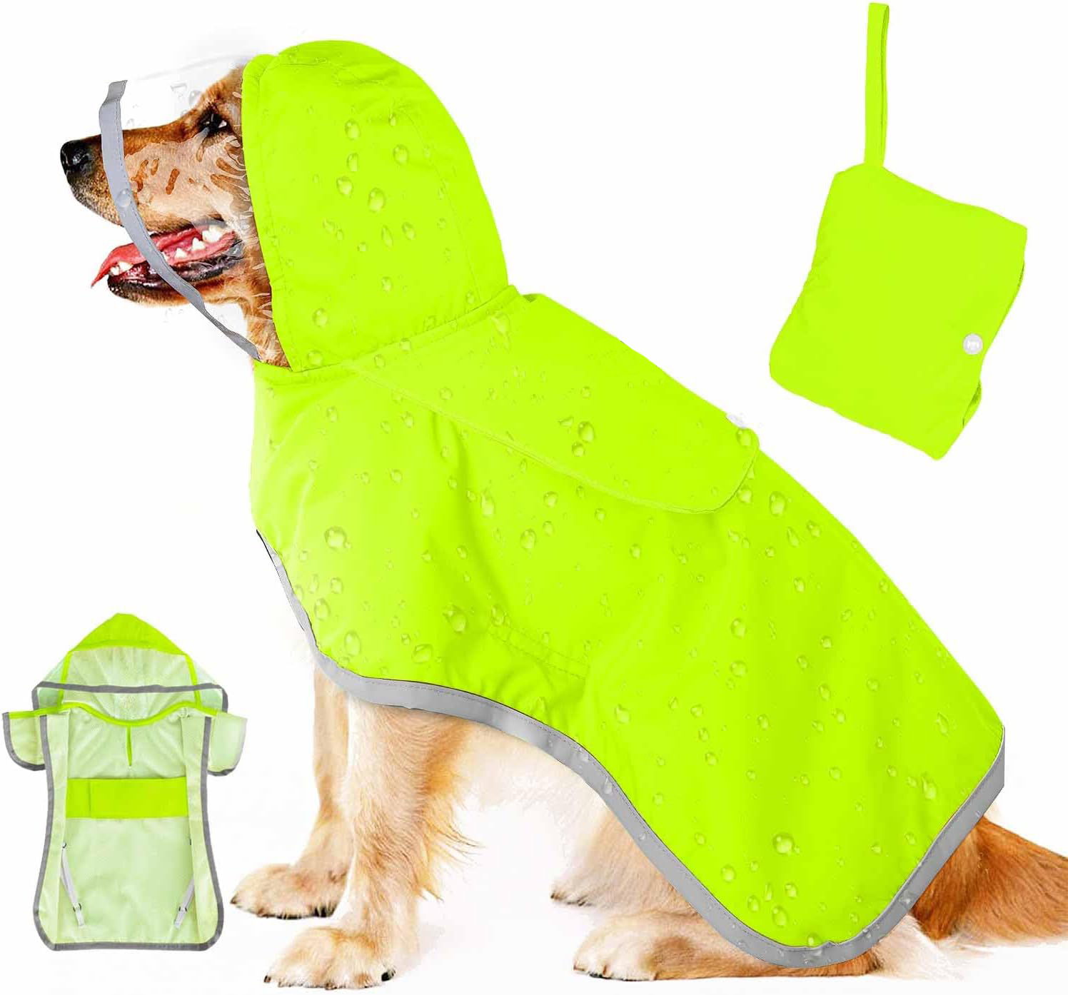 V888-ELOSUNG12119-210355-00 XS Green Reflective Adjustable Pet Raincoat with Hood - Waterproof Dog Jacket, Adjustable Dog Poncho for Outdoor Protection - Image 1