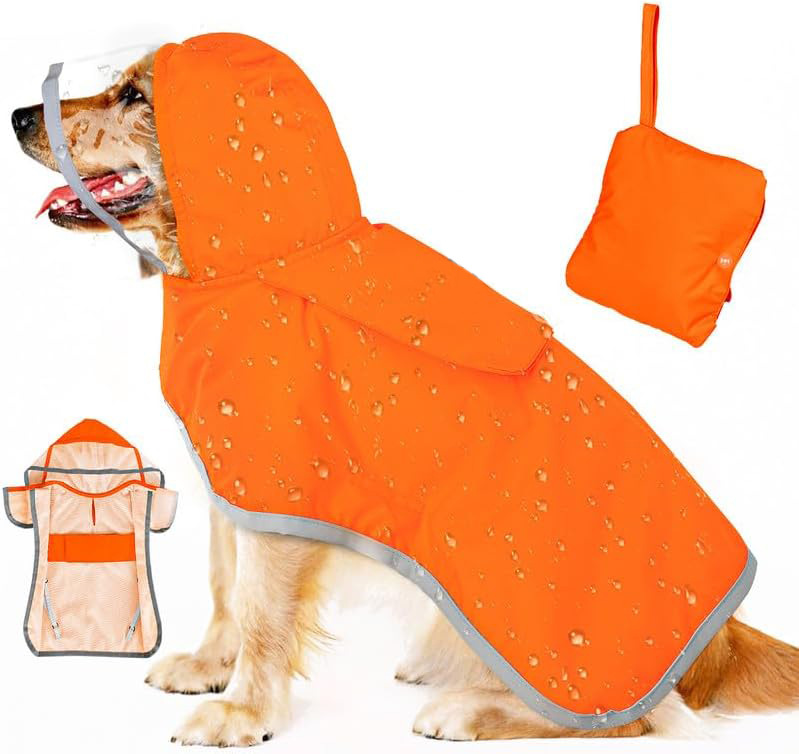 V888-ELOSUNG12132-210438-00 XXXL Orange Reflective Adjustable Pet Raincoat with Hood - Waterproof Dog Jacket, Adjustable Dog Poncho for Outdoor Protection - Image 1
