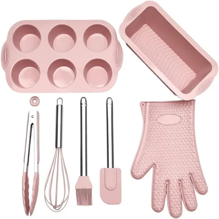 V888-ELOSUNG12268-211265-00 Pink 7-Piece Silicone Bakeware Set with Whisk, Spatula, Brush, Gloves, and Cake Molds for Home Baking - Image 1
