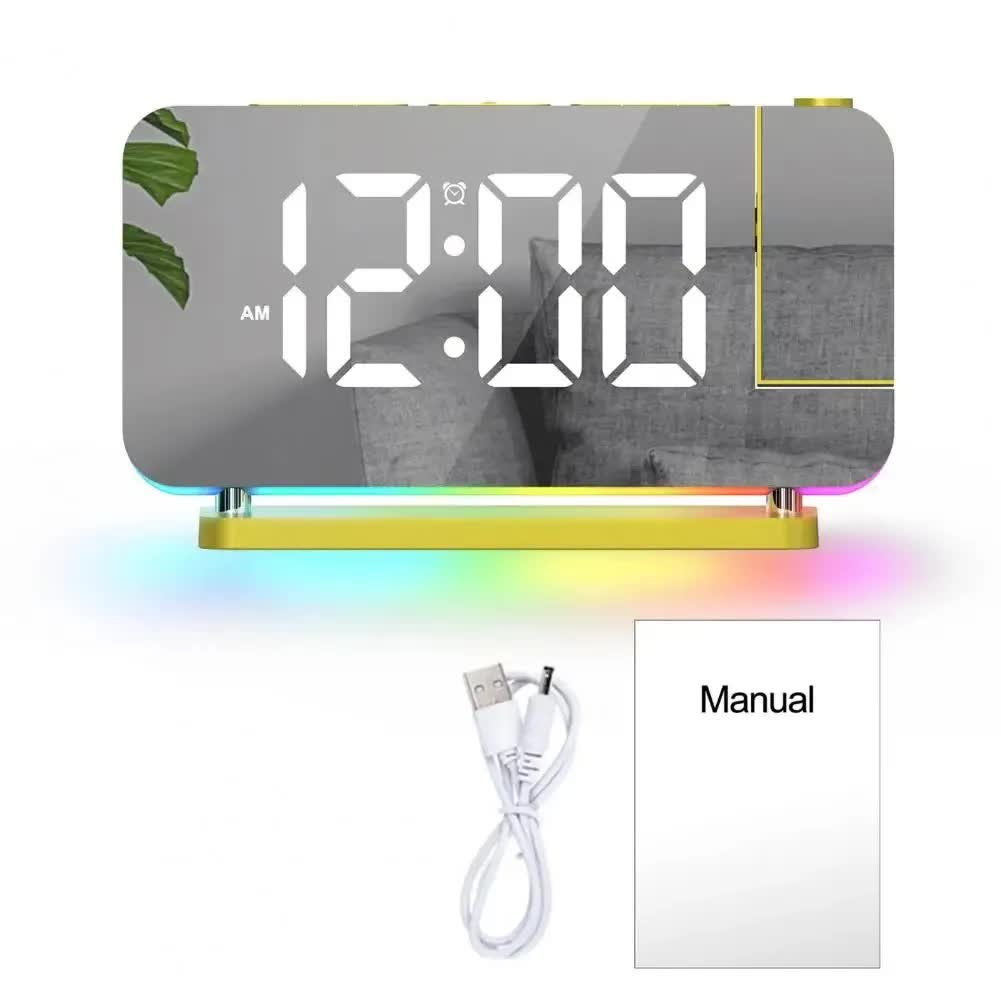V888-ELOSUNG12292-211007-00 Gold RGB LED Projection Alarm Clock, Multi-Color Night Light with Snooze Function, Home Decor Digital Clock - Image 1