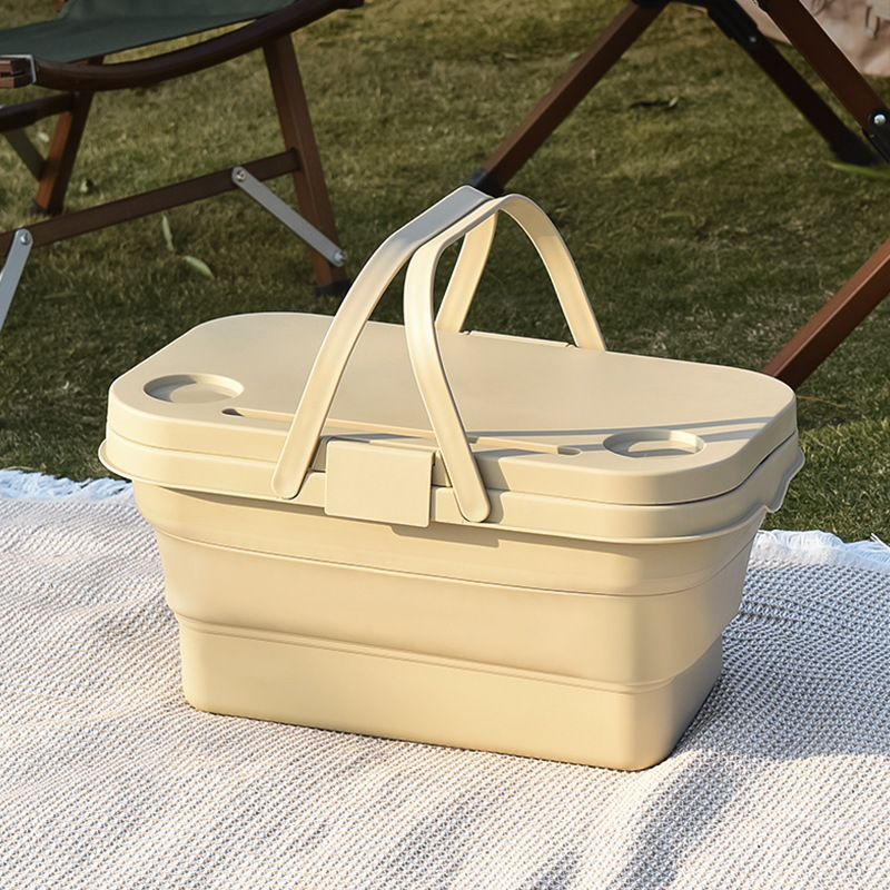 V888-ELOSUNG12320-211471-00 Ivory Foldable Outdoor Picnic Basket with Lid and Tabletop, Camping Storage Box, Car-Friendly Organizer - Image 1