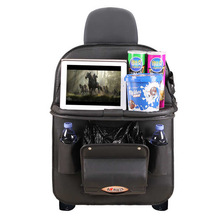 V888-ELOSUNG12341-211511-00 Black Leather Car Backseat Organizer with Foldable Tray Table & Trash Bag - Multi-functional Car Storage Solution - Image 1