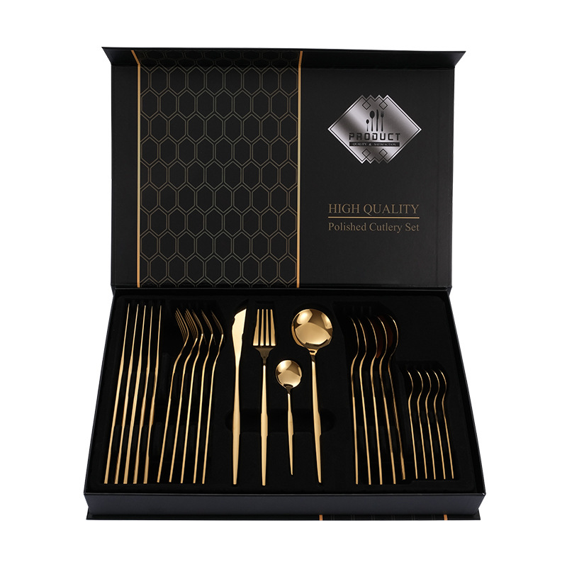 V888-ELOSUNG12354-212038-00 Gold Color Premium 24-Piece Stainless Steel Cutlery Set - Elegant Golden Steak Knife, Fork, and Spoon Set in Luxury Gift Box - Image 1