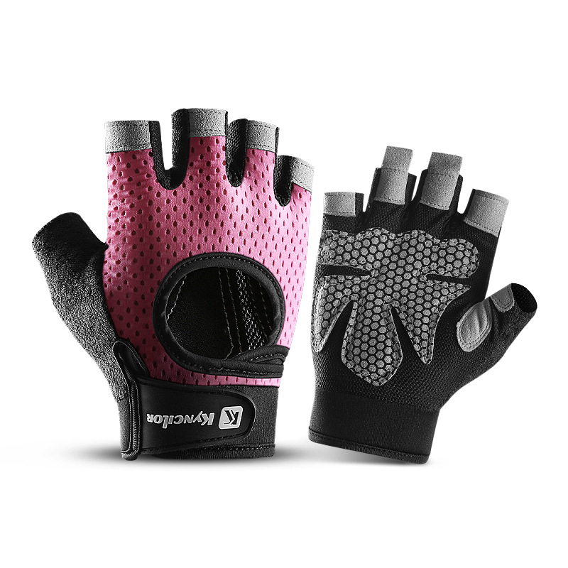 V888-ELOSUNG12497-212121-00 L Pink Fingerless Sports Gloves - Non-Slip Silicone Palm Pads for Cycling, Weightlifting, and Fitness Training - Image 1