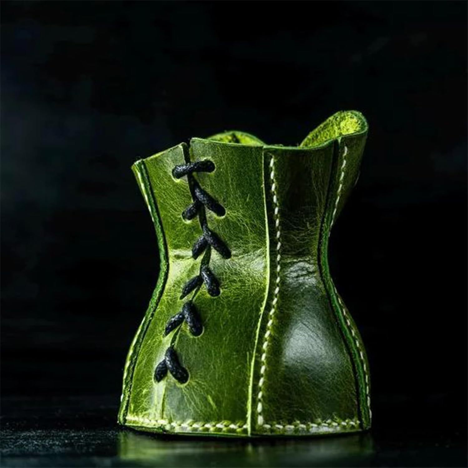 V888-ELOSUNG12708-212828-00 Green Leather Corset Pencil Holder - Handmade Vintage Desktop Organizer - Image 1