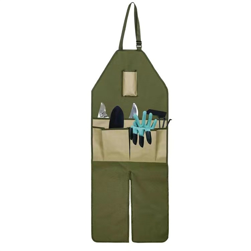 V888-ELOSUNG12711-213542-00 Khaki Pocket Heavy-Duty Gardening Apron with Adjustable Straps and Multi-Pocket Design - Image 1