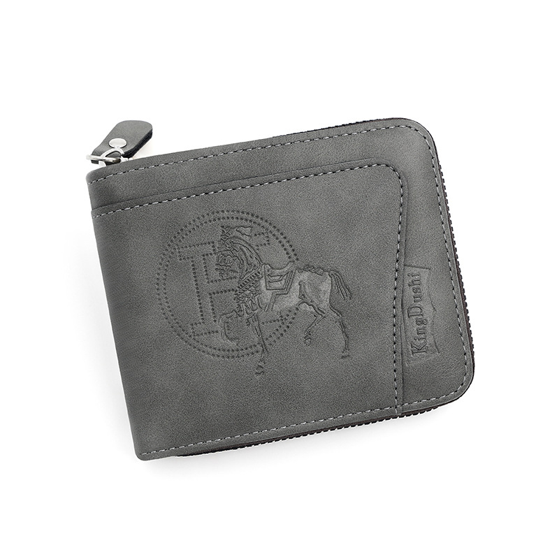 V888-ELOSUNG12759-212962-00 Grey Men's PU Leather Wallet with Zipper and Horse Embossed Design - Compact and Stylish - Image 1