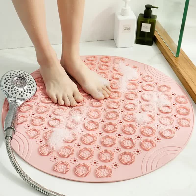 V888-ELOSUNG12812-213440-00 Pink Non-Slip Round Shower Foot Scrubber Mat - Soft Silicone Massage Pad for Foot Cleaning - Image 1