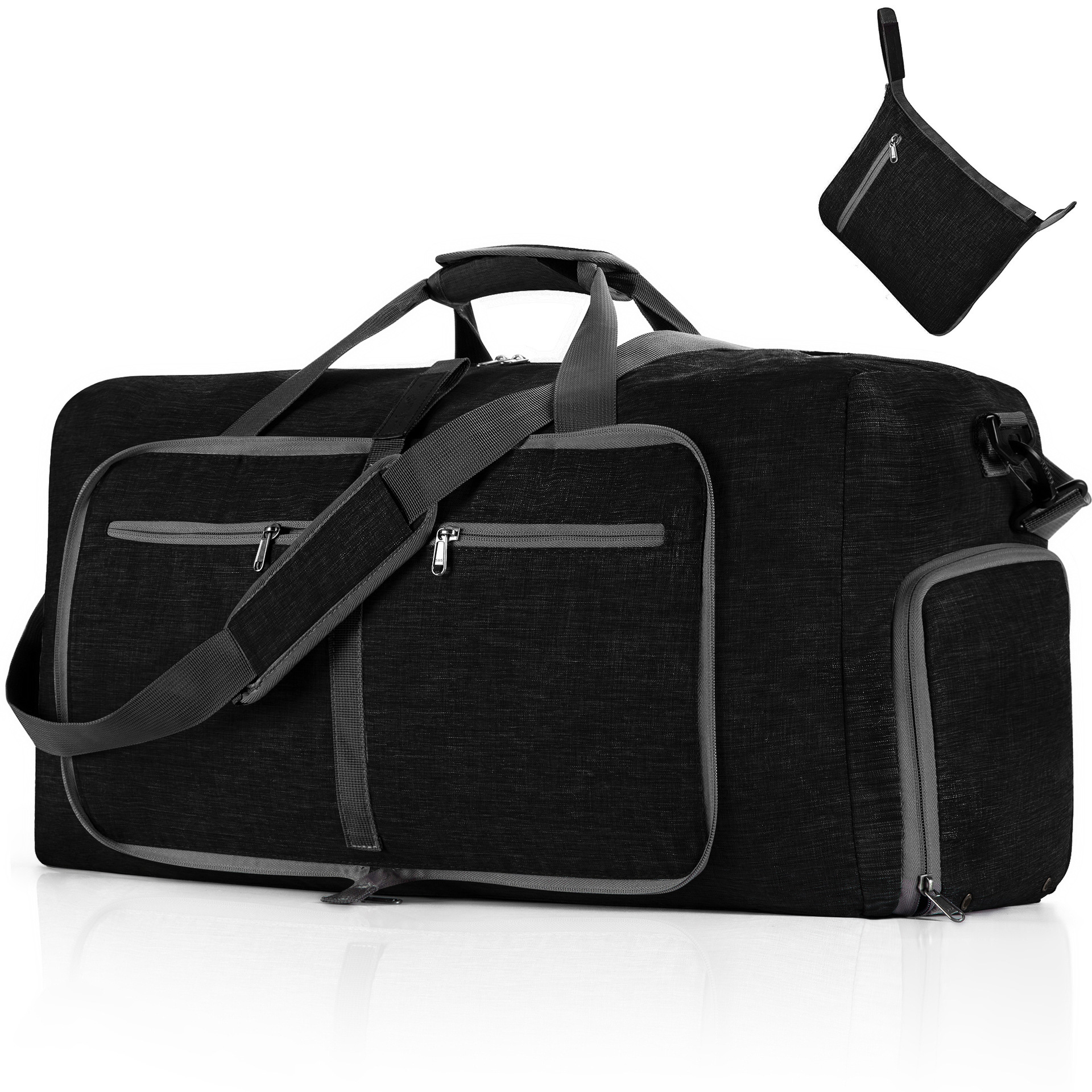 V888-ELOSUNG12908-213880-00 Black Large Foldable Travel Duffel Bag with Shoe Compartment and Carry Pouch - Lightweight, Durable, and Spacious - Image 1