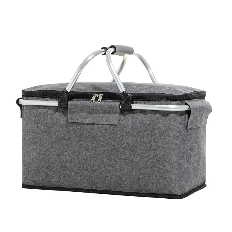 V888-ELOSUNG12926-213869-00 Grey Portable Aluminum Foil Insulated Picnic Basket with Zipper Lid, 40x20x23cm - Image 1