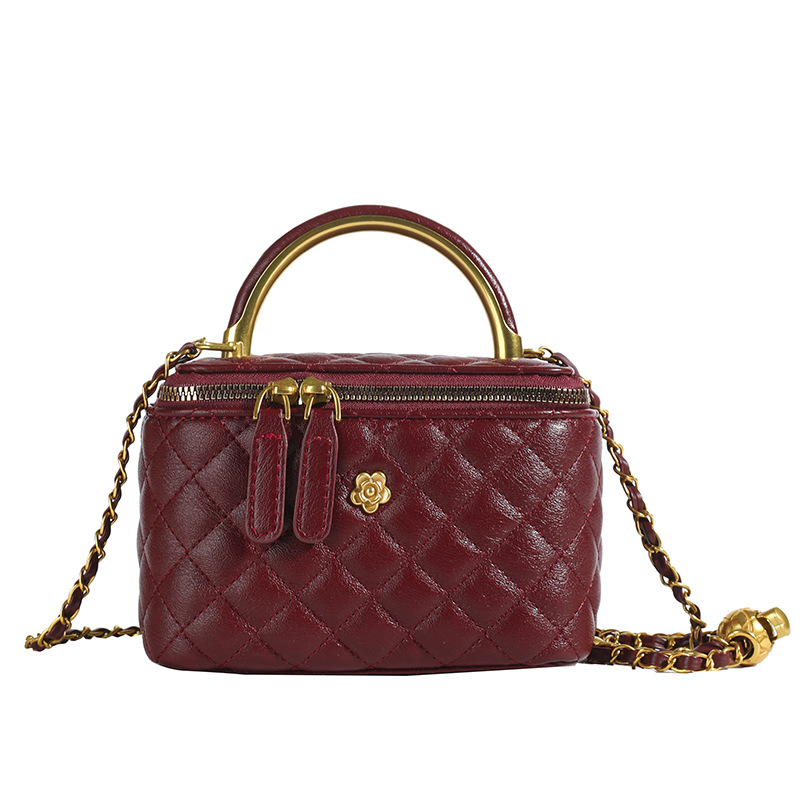 V888-ELOSUNG12998-214049-00 Wine Red Luxury Quilted Mini Box Handbag with Chain Strap and Metal Handle - Elegant Evening Purse - Image 1