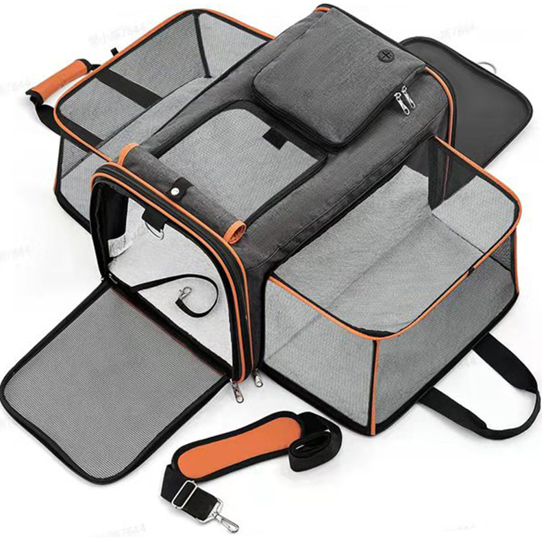 V888-ELOSUNG13142-210382-00 Gray Orange Foldable Portable Pet Carrier Bag - Large Capacity Travel Backpack for Cats and Small Dogs, Expandable Car Pet Bag, Handheld Pet Carrier for Outdoor Adventures - Image 1