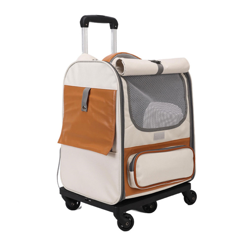 V888-ELOSUNG13147-210450-00 Beige Large Capacity Breathable Foldable Pet Trolley - Travel Cat Carrier with Wheels, Portable, Spacious, and Convenient for Two Cats - Image 1