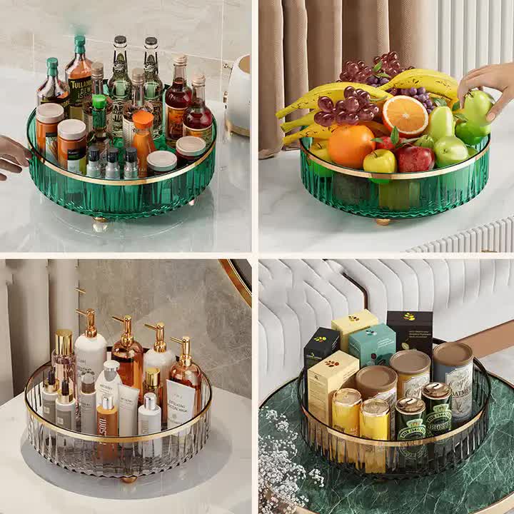 V888-ELOSUNG13244-210657-03 Green Luxury Rotating Storage Rack - Transparent Spice Organizer & Condiment Holder for Kitchen and Living Room, Desktop Rotating Tray for Efficient Storage - Image 1