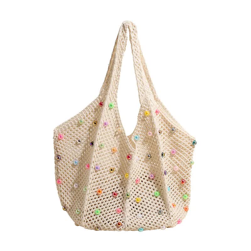 V888-ELOSUNG132923-211240-00 White Summer Woven Handbag – Hollow Straw Beach Tote with Colorful Beads, Lazy Style, Large Capacity Shoulder Bag for Vacation - Image 1