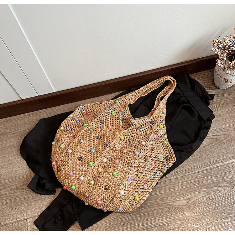 V888-ELOSUNG13296-211102-00 Brown Summer Woven Handbag - Hollow Straw Beach Tote with Colorful Beads, Lazy Style, Large Capacity Shoulder Bag for Vacation - Image 1