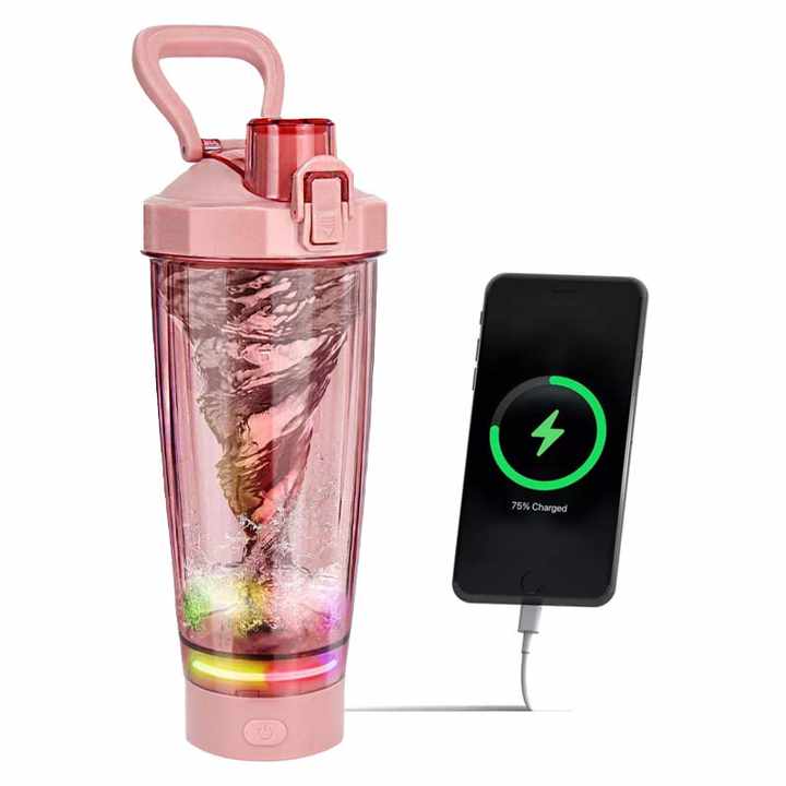 V888-ELOSUNG13386-211492-00 Pink Portable Electric Shaker Bottle with LED Light, 550ml Sports Protein Mixer Cup for Gym and Travel - Image 1