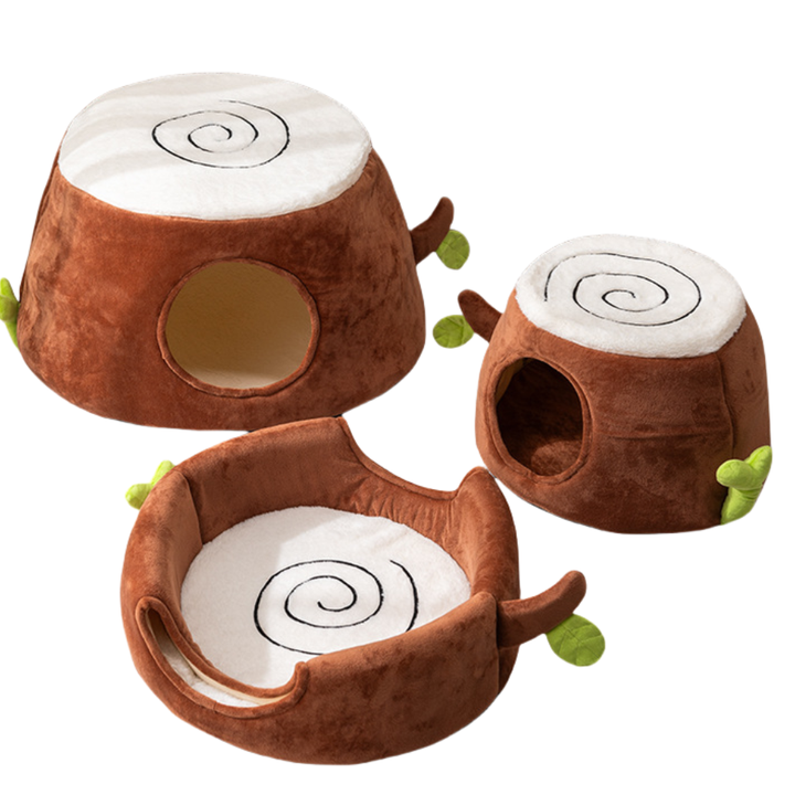 V888-ELOSUNG13487-212054-00 S Convertible Tree Stump Cat Bed - Foldable, Dual-Use, Four-Season Pet Nest with Double Doors - Image 1