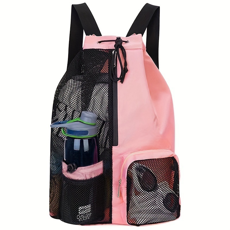 V888-ELOSUNG13569-212196-00 Pink Mesh Drawstring Swim Backpack with Wet Pocket - Lightweight Beach, Gym, Outdoor Sports Bag - 245g - Image 1