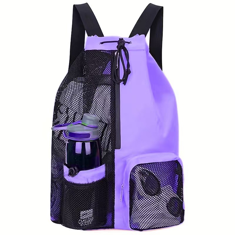 V888-ELOSUNG13571-212198-00 Purple Mesh Drawstring Swim Backpack with Wet Pocket - Lightweight Beach, Gym, Outdoor Sports Bag - 245g - Image 1