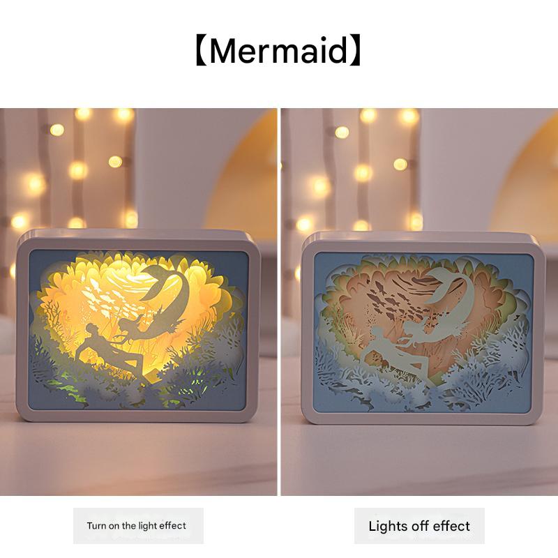 V888-ELOSUNG13588-212279-00 Mermaid 3D Paper Carving Night Light - USB Or Battery Powered Decorative Bedside Lamp | Atmosphere Lamp for Bedroom | Creative Starry Night and Little Prince Design Gift - Image 1