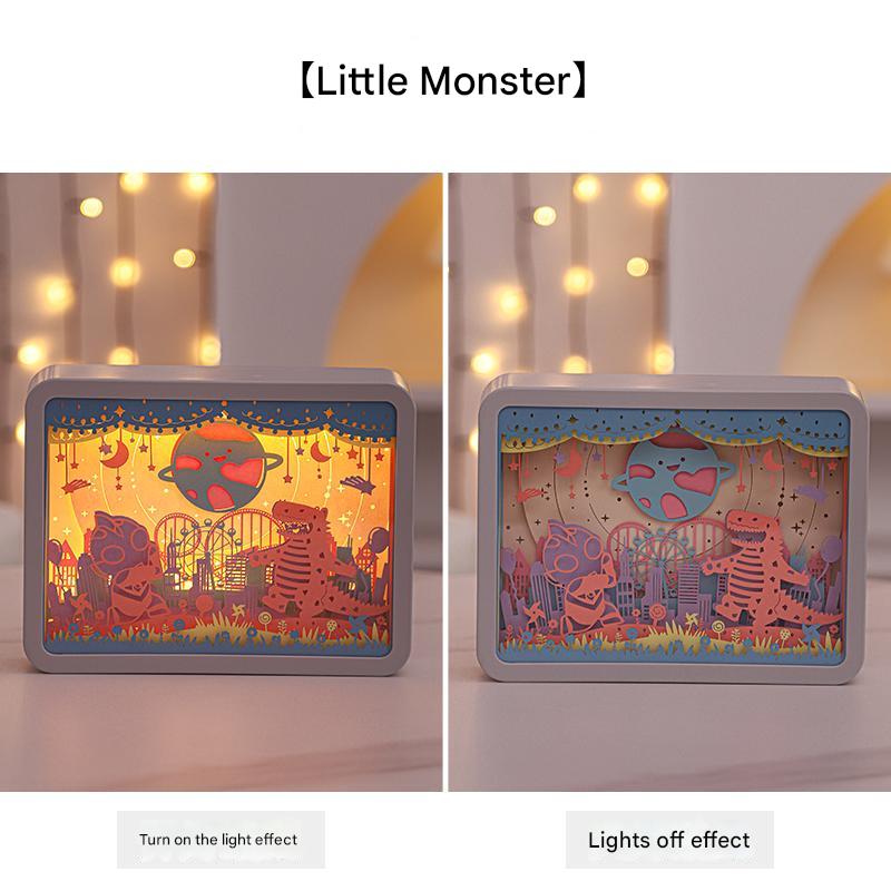 V888-ELOSUNG13589-212240-00 Little Monsters 3D Paper Carving Night Light - USB Or Battery Powered Decorative Bedside Lamp | Atmosphere Lamp for Bedroom | Creative Starry Night and Little Prince Design Gift - Image 1