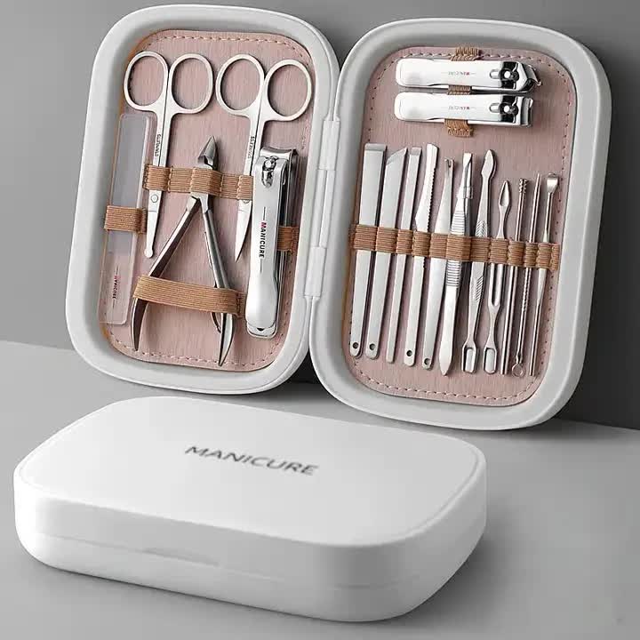 V888-ELOSUNG13593-212245-00 White 18-Piece Manicure and Pedicure Set - Stainless Steel Nail Clipper Kit | Professional Nail Care Grooming Tools | Compact Portable Case - Image 1
