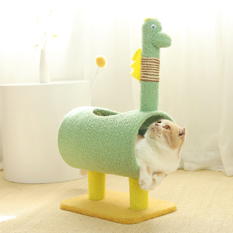 V888-ELOSUNG13621-212337-00 Green Dinosaur-Theme Cat Tree with Tunnel - Multi-Functional Cat Scratching Post and Playhouse - Image 1