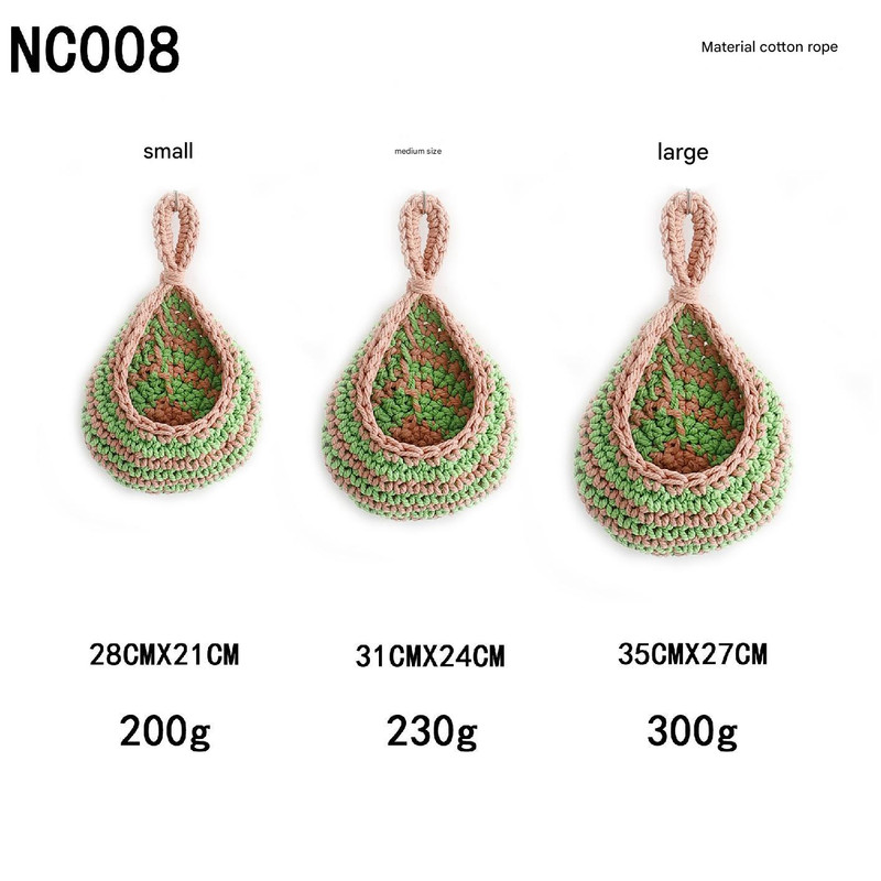 V888-ELOSUNG13639-212355-00 Green And Pink 3-Piece Wall-Mounted Cotton Rope Storage Baskets – Large, Medium, and Small Hand-Woven Fruit/Vegetable/Storage Nets (Large weight 300g, Medium weight 230g, Small weight 200g) - Image 1