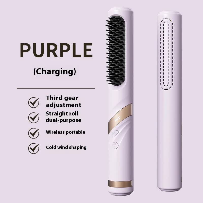 V888-ELOSUNG13678-212614-00 Purple Portable USB Rechargeable Cold Wind Ionic Hair Straightening Brush, Multi-Functional Hair Straightener and Curler, Lightweight and Travel-Friendly - Image 1