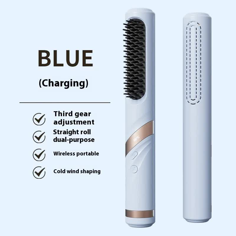 V888-ELOSUNG13679-212612-00 Blue Portable USB Rechargeable Cold Wind Ionic Hair Straightening Brush, Multi-Functional Hair Straightener and Curler, Lightweight and Travel-Friendly - Image 1