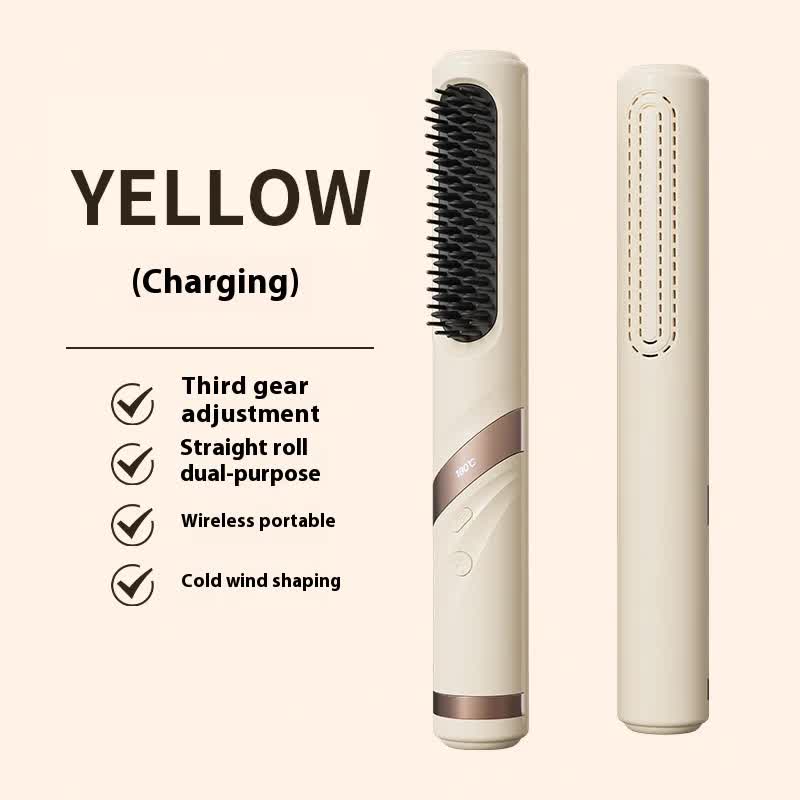V888-ELOSUNG13680-212611-00 Yellow Portable USB Rechargeable Cold Wind Ionic Hair Straightening Brush, Multi-Functional Hair Straightener and Curler, Lightweight and Travel-Friendly - Image 1
