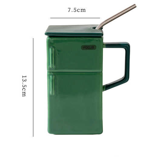 V888-ELOSUNG13717-212726-00 Green Creative Retro Refrigerator Ceramic Mug with Lid and Straw – 550ml Coffee Cup – Unique Gift for Couples or Office Use - Image 1