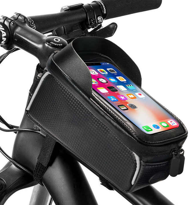 V888-ELOSUNG13761-213525-00 Waterproof Bicycle Phone Frame Bag with Sun Visor, TPU Touchscreen, and Storage Pockets for Road and Mountain Bikes - Image 1