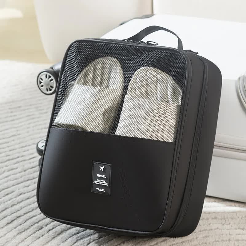 V888-ELOSUNG13767-212627-00 2 Pcs Black Waterproof Foldable Travel Shoe Storage Bag, Three-Layer Design Shoe Organizer, Portable Shoe Pouch for Trips - Image 1