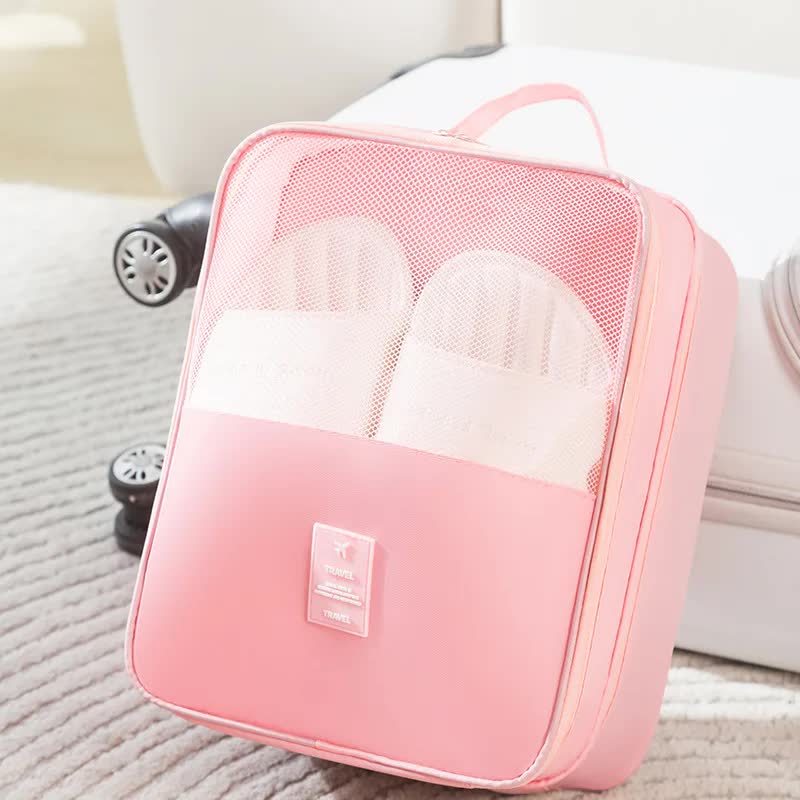 V888-ELOSUNG13769-212629-00 2 Pcs Pink Waterproof Foldable Travel Shoe Storage Bag, Three-Layer Design Shoe Organizer, Portable Shoe Pouch for Trips - Image 1