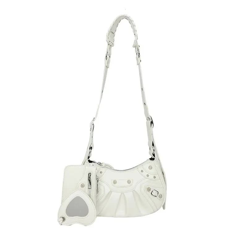 V888-ELOSUNG13772-212838-00 White Vintage Rivet Crescent Moon Bag with Card Holder & Mirror, French Retro PU Leather Shoulder & Crossbody Motorcycle Bag for Women - Image 1